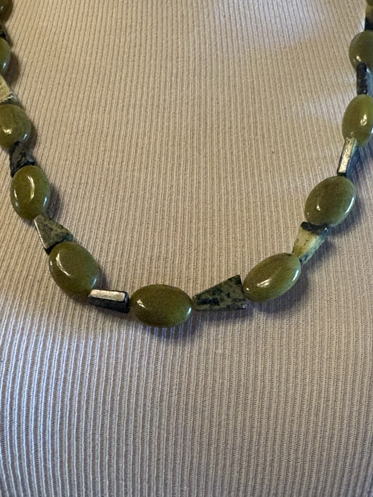 Green Serpentine All Natural Stone Necklace 26” & Triangular Stone Discs Boho