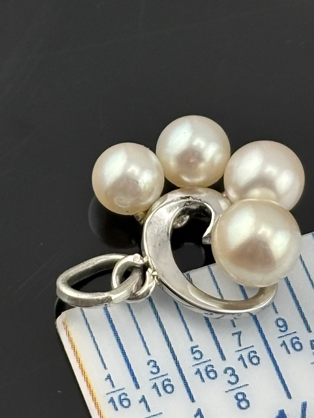 Vintage Sterling Silver Mikimoto Akoya Pearl Pendant 4 Pearls Swirl Charm .75″