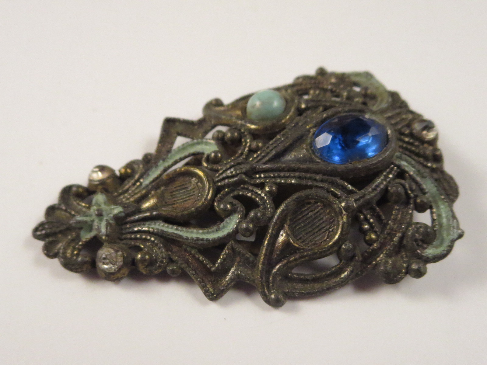 Antique Art Deco NE Signed New England Glass Works Blue Rhinestone Dress Clip