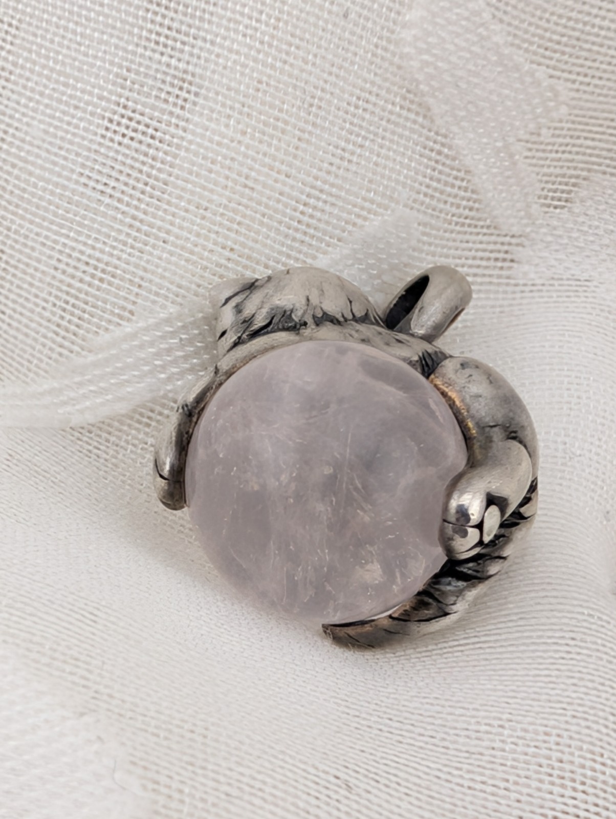 Vintage Sterling Silver Cat Rose Quartz Orb Ball Pendant 1″