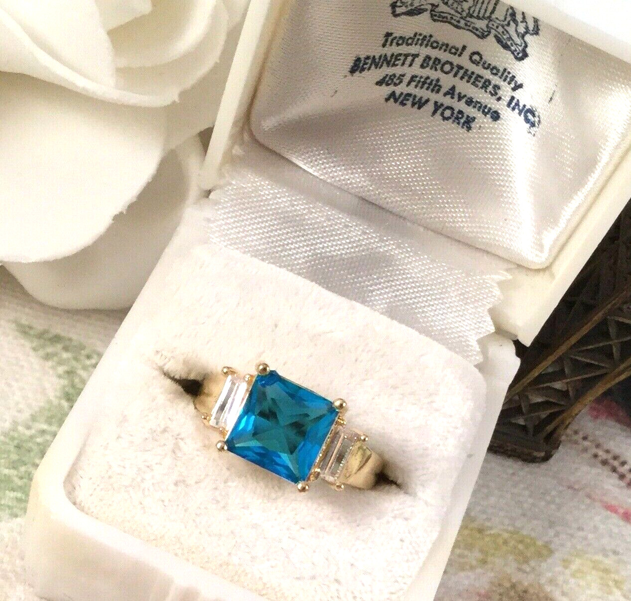 Vintage Jewellery Gold Ring London Blue Topaz White Sapphires Deco Jewelry 10