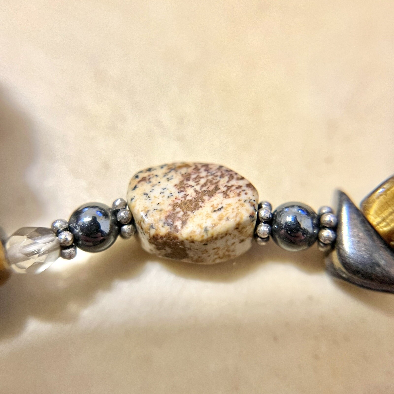 Vintage Asian Jade Carved Stone Pendant, Tigers Eye Beads, Sterling Silver Clasp