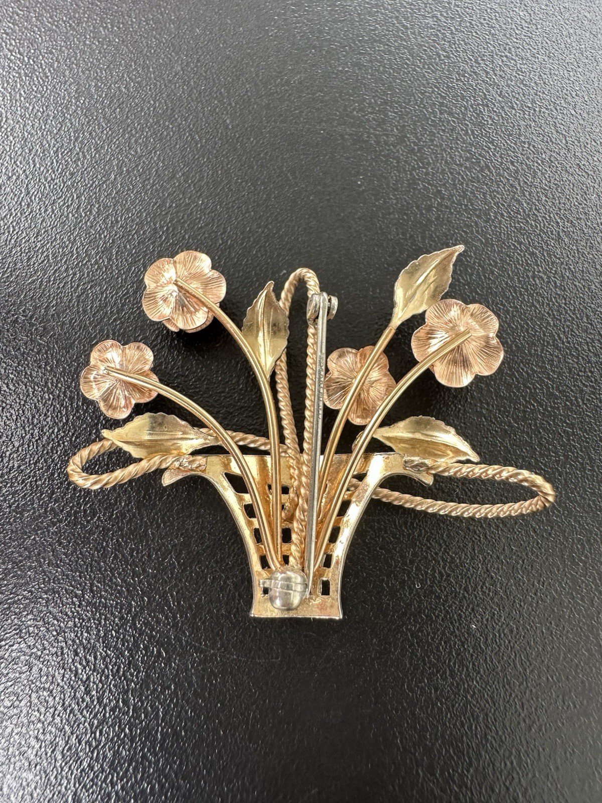 Vintage Signed Krementz Flower Basket Brooch Goldtone & Rose Goldtone