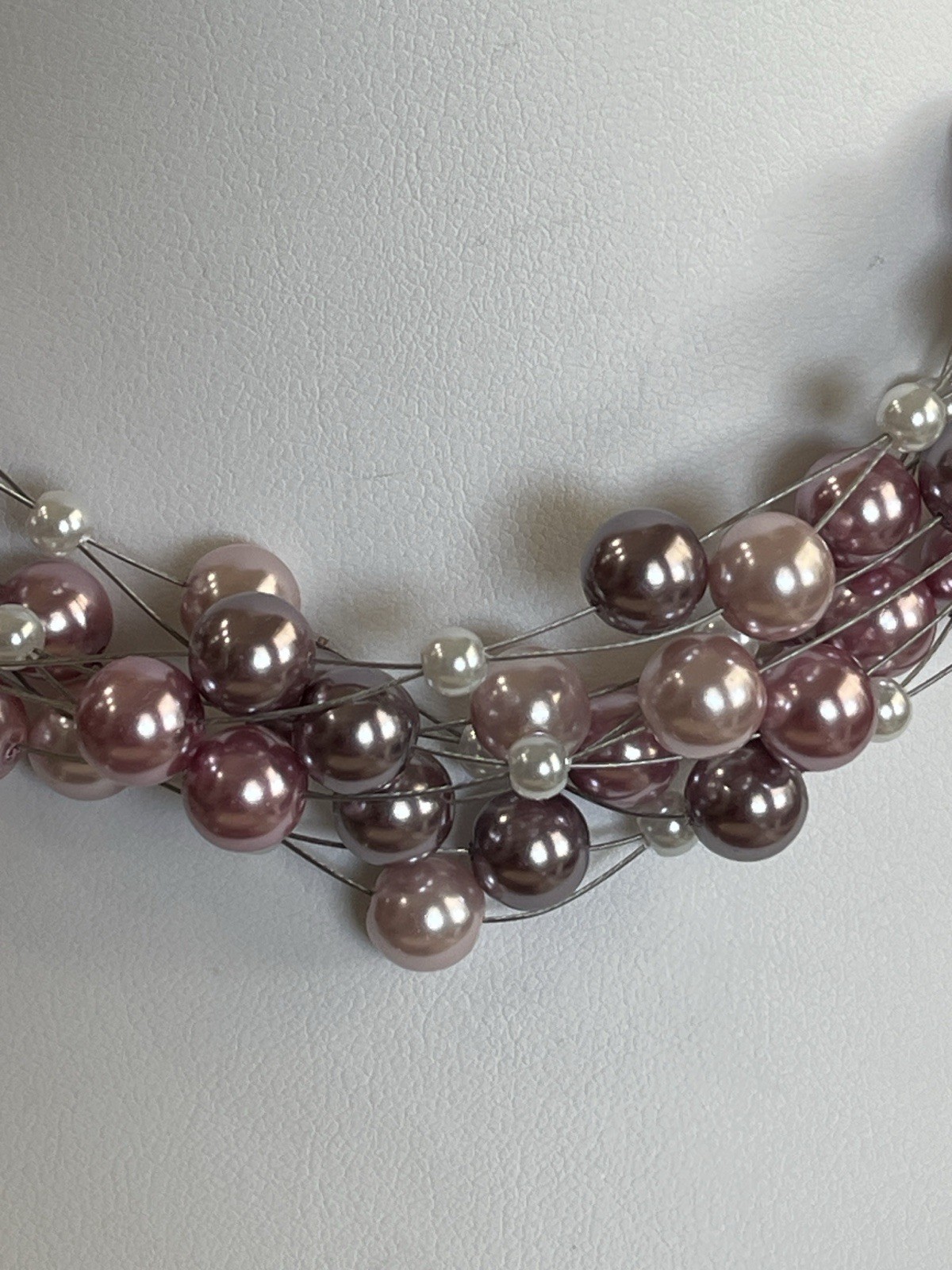 Silver 925 Purple Pink & White Pearl Illusion Necklace 15.5” + 2” Ext