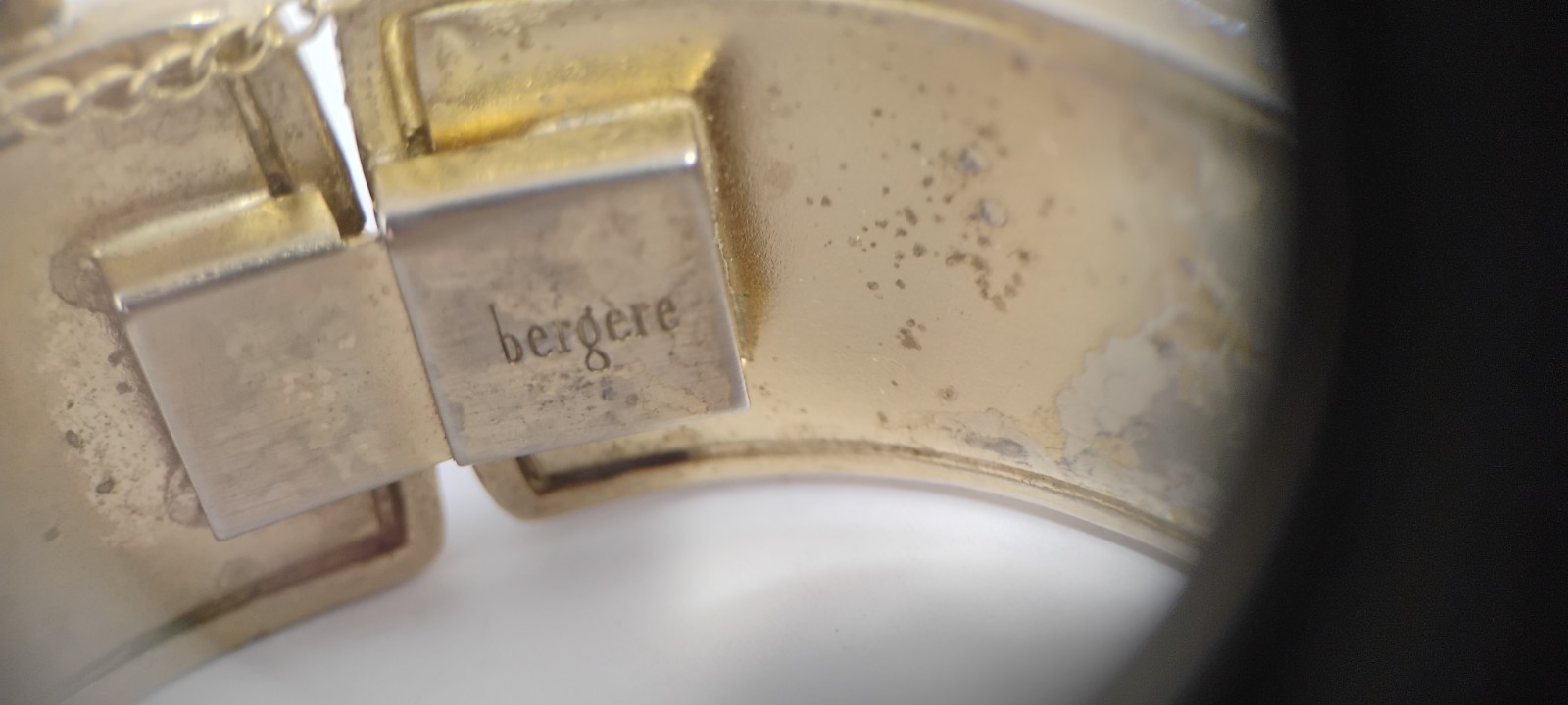 bergere goldtone hinge cuff bracelet inlaid w/soft redish brown material-nd6