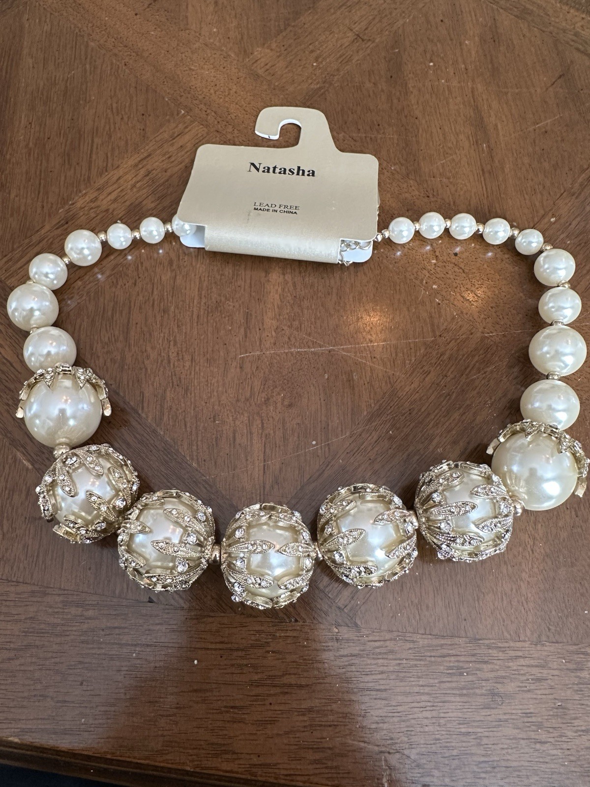 Vintage Natasha Off-White Faux Pearl Rhinestone Statement Necklace Signed New!
