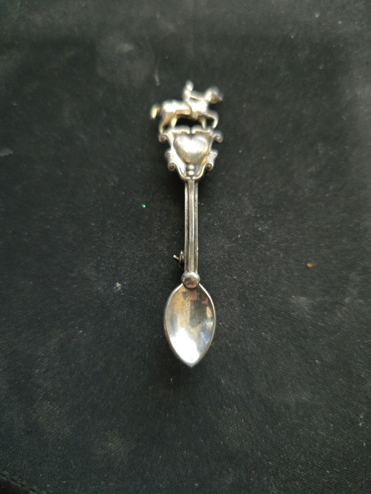 Vintage Sterling Silver Jockey Equestrian Horse Rider Heart Spoon Brooch Pin