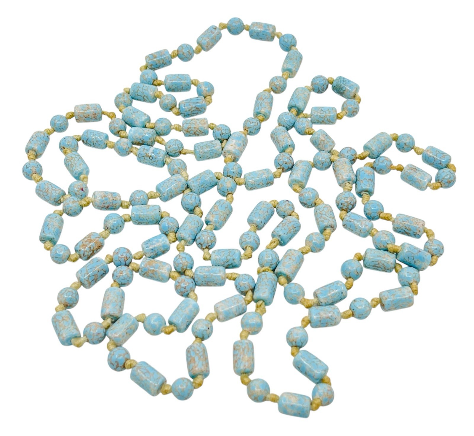 Long Antique Art Deco Circa 1920’s Robin’s Egg Blue Flapper Bead Necklace 60” L