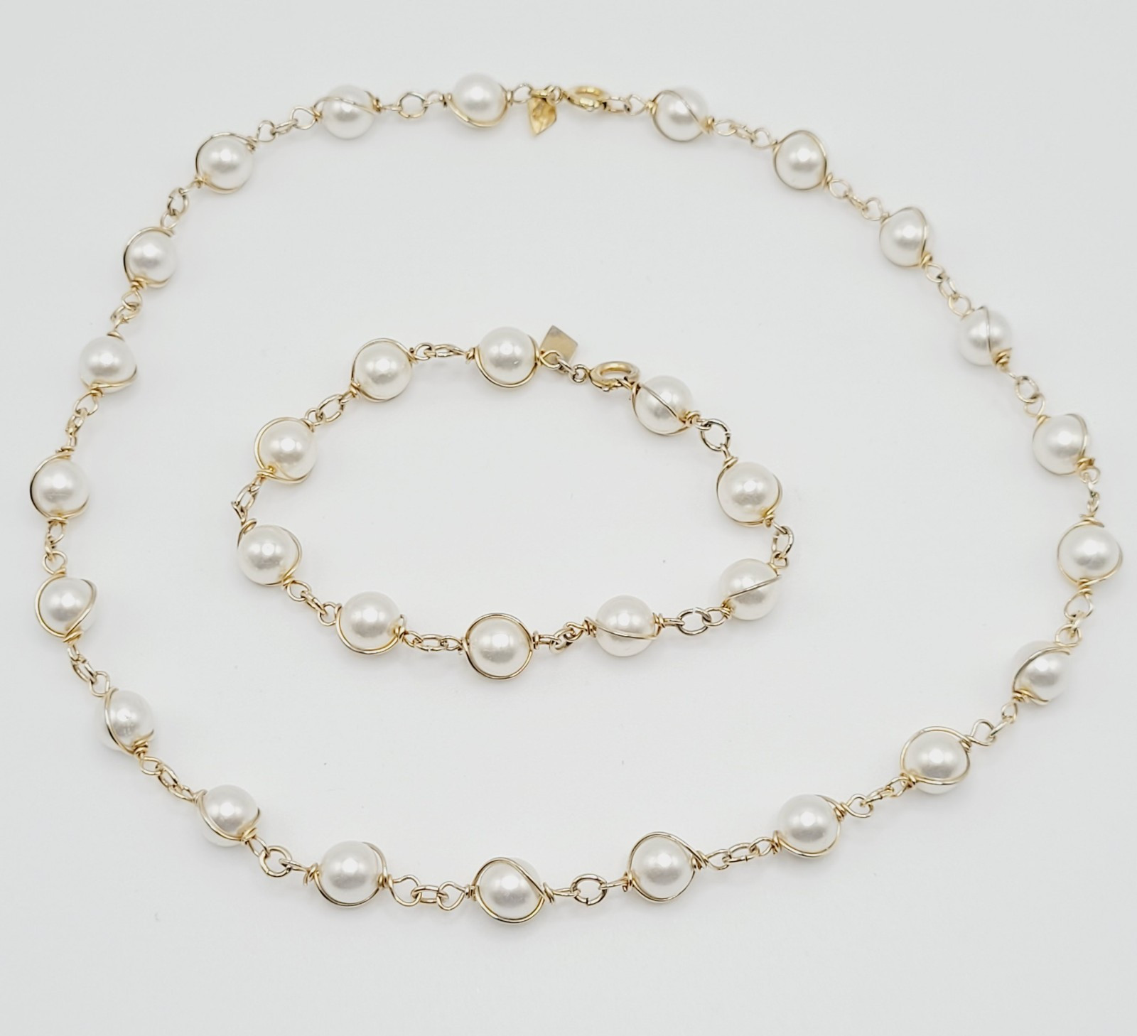 Sarah Coventry Faux Pearl Caged Style Bracelet 7.25 in Necklace 16 in Vtg Signed