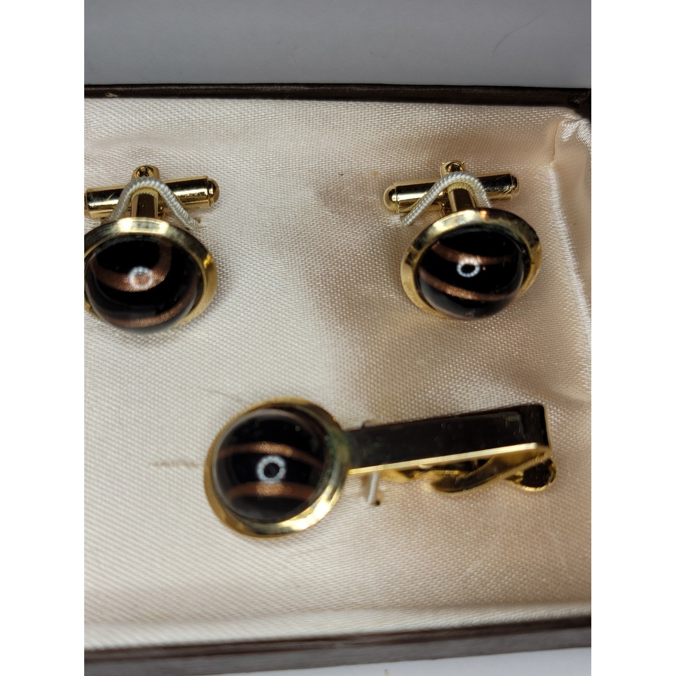 Vintage Black Copper Swirl Cufflinks Tie Clip Set Gold Tone Mid Century Original