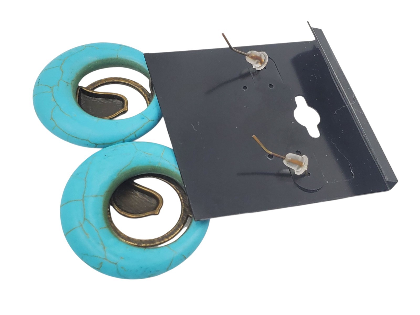 Vintage Brass and Blue Dyed Howlite Circles Dangle Bird Hook Pierced Earrings