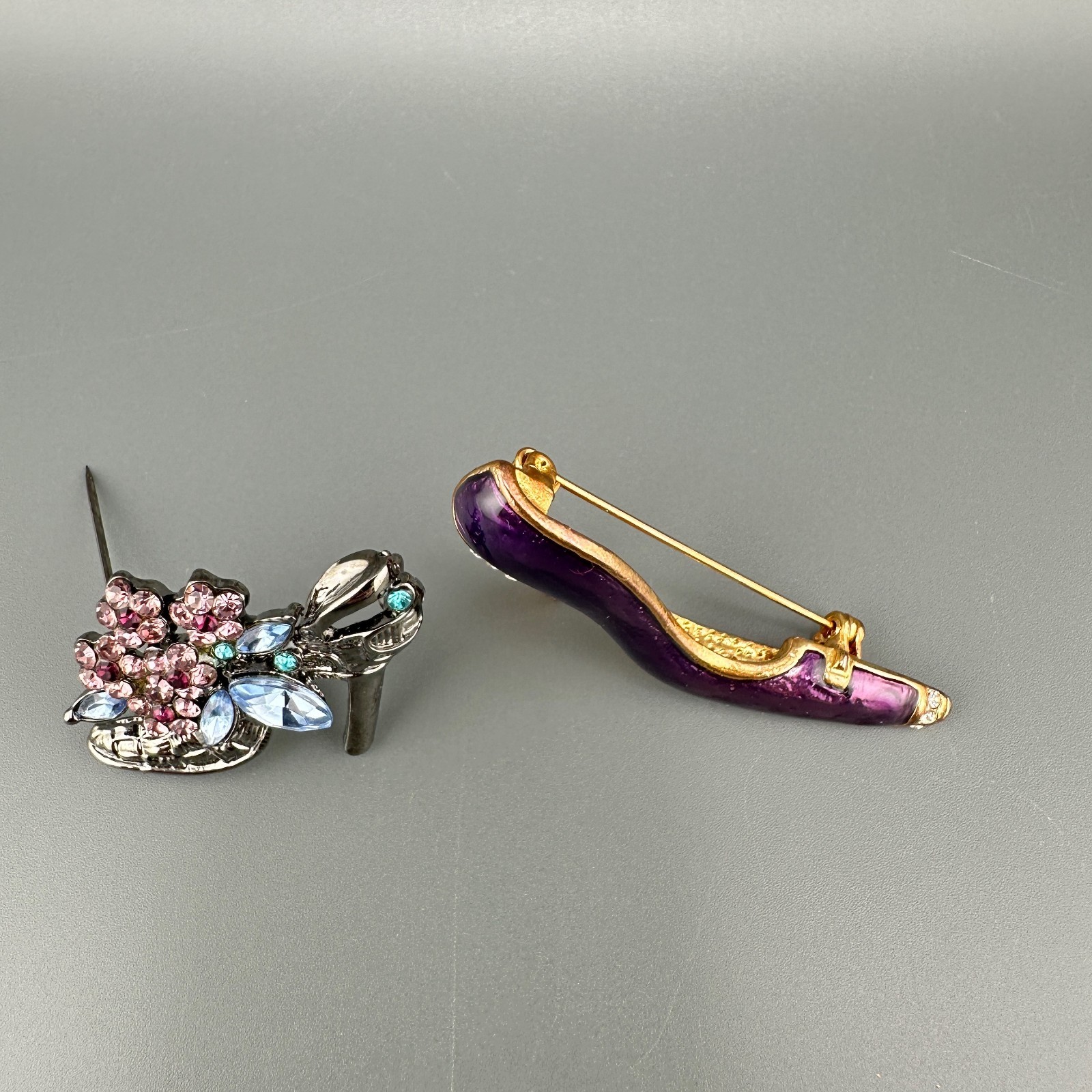 Vintage Shoe Brooch Lot Rhinestone Enamel High Heel Purple Blue Silver Gold Tone
