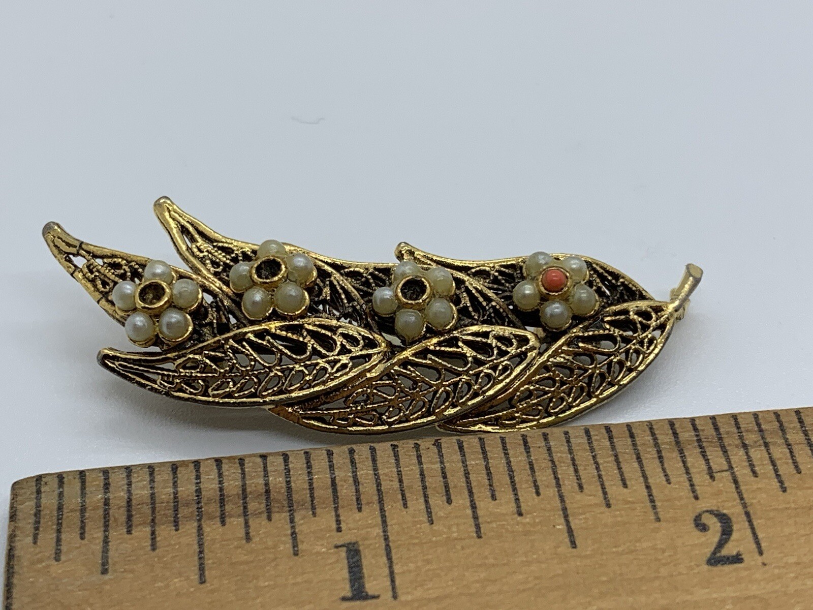 Vintage Tacoa Brooch Pin Gold Tone Filigree Seed Pearl Leaf Floral Costume READ