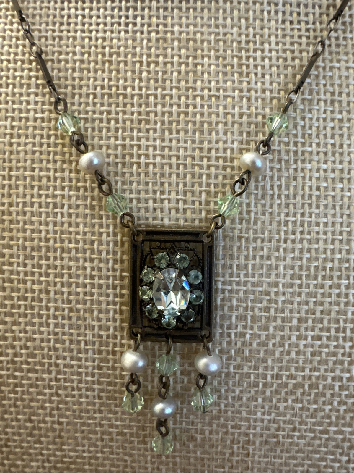 Liz Palacious SF Necklace Peridot Color Rhinestones & Crystals Victorian Revival