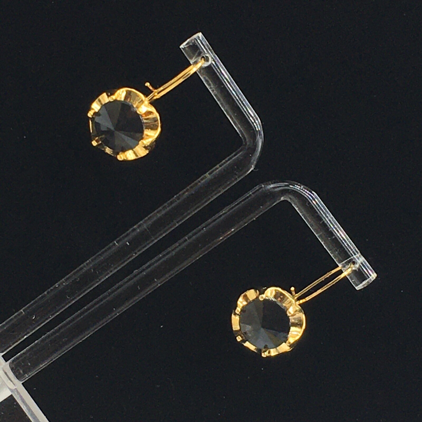 Black Leverback Earrings Gold Tone Cupcake Like Faux Tension Setting Pierced 1″