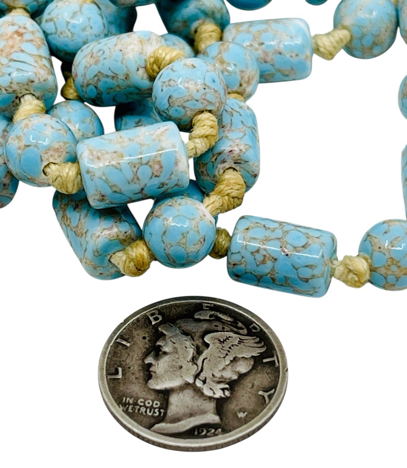 Long Antique Art Deco Circa 1920’s Robin’s Egg Blue Flapper Bead Necklace 60” L
