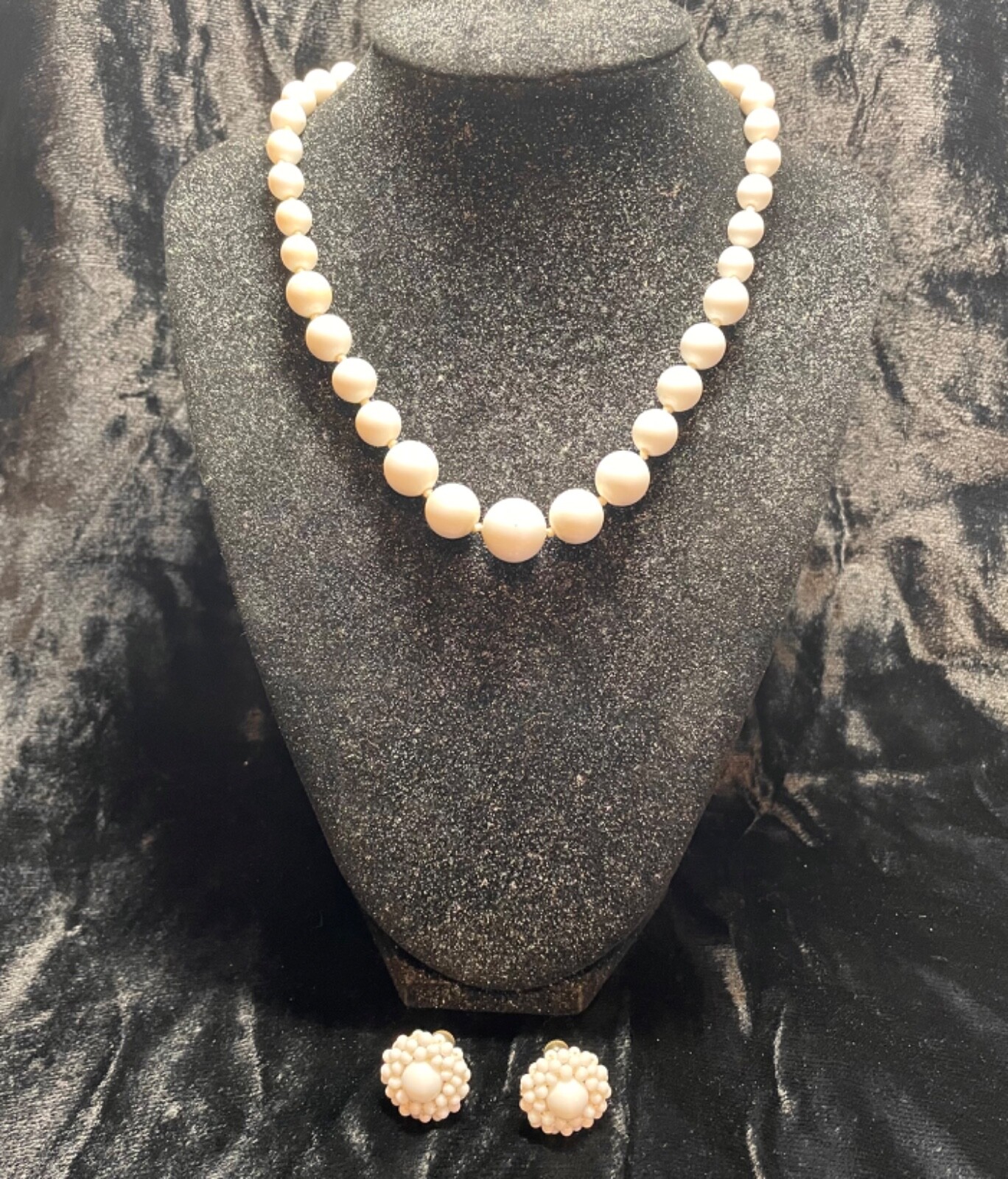 JAPAN necklace earrings vintage set white beads hook clasp screw back earrings