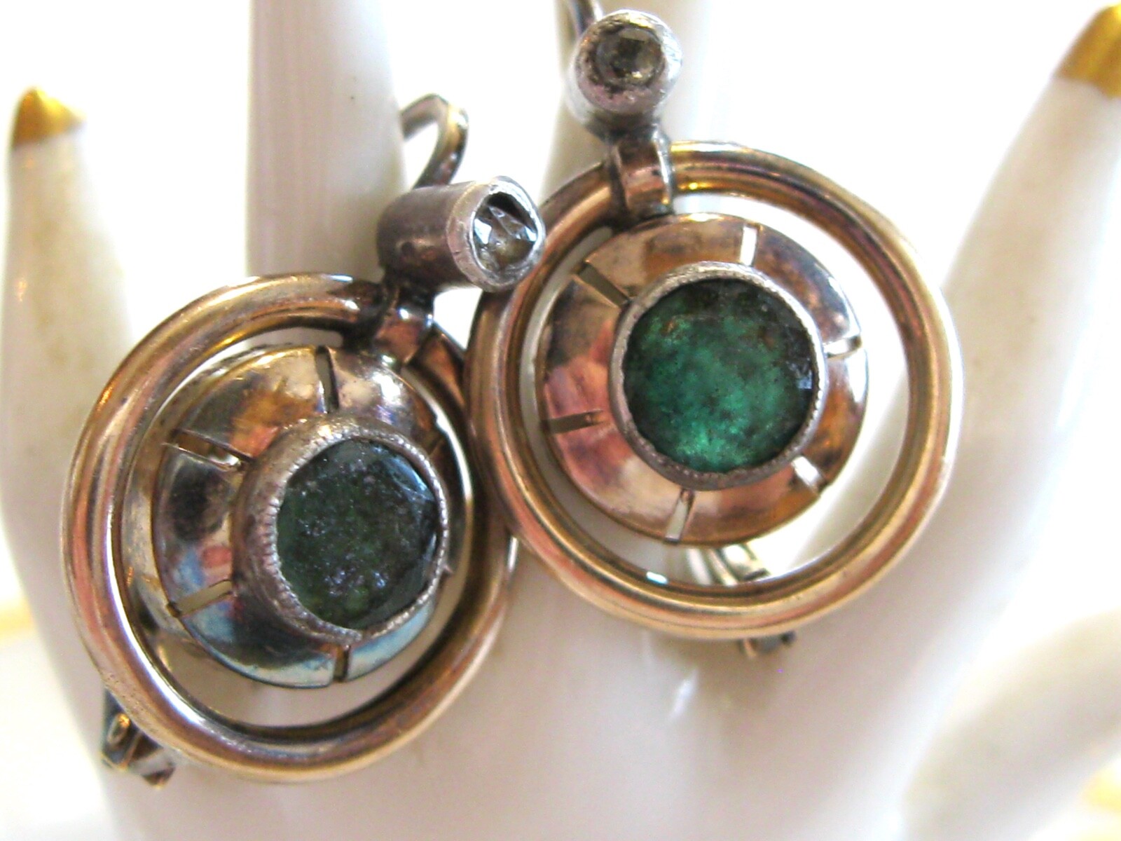 ANTIQUE CIRCULAR EMERALD AND ROSE CUT DIAMOND LEVER BACK GOLD EARRINGS 14K GOLD
