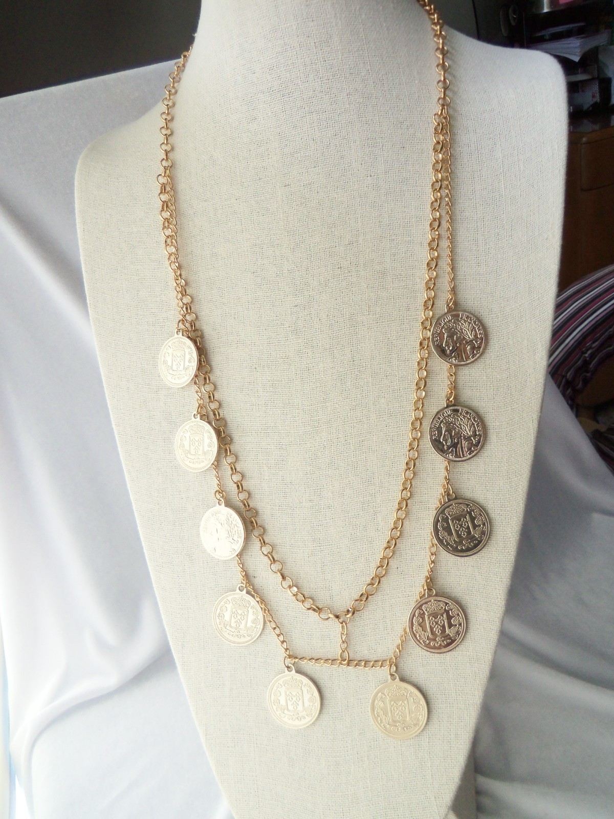 Vintage Gold Tone Double Chain Faux Coin Fringe Necklace