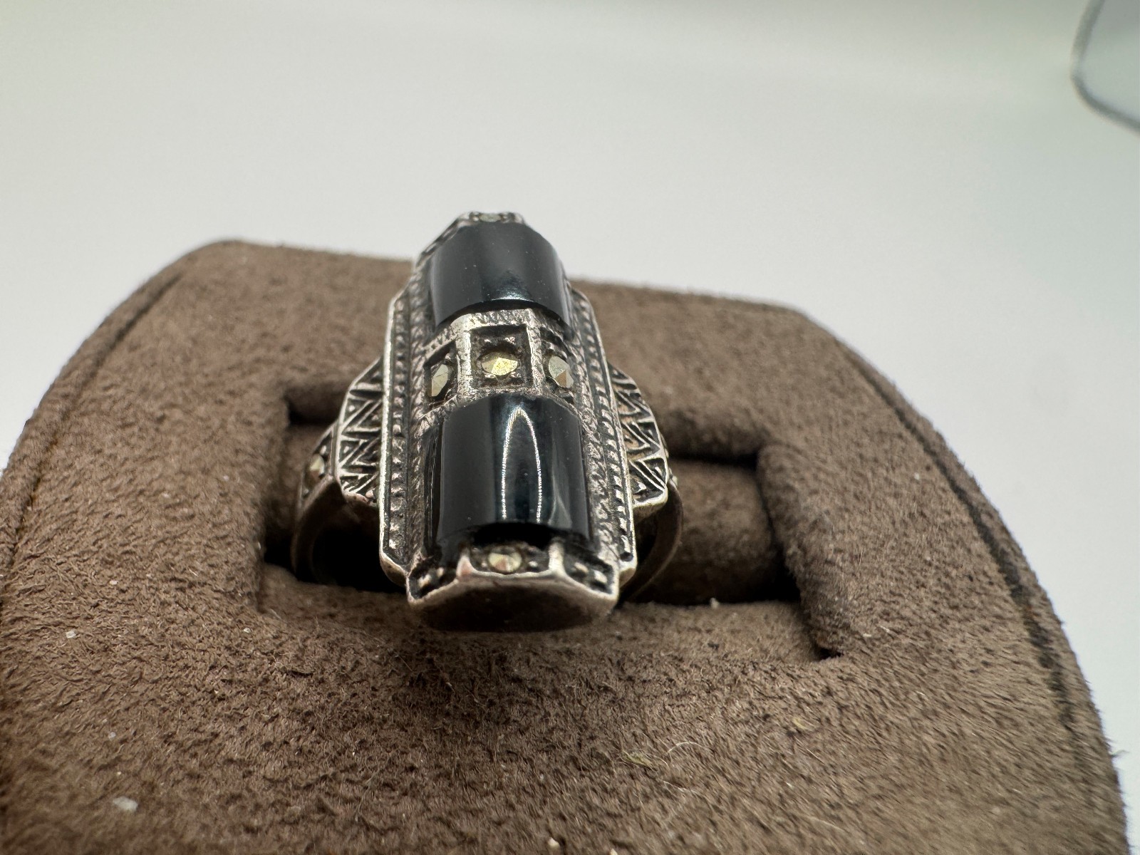 Vintage Sterling silver Art Deco Black onyx and Marcasite ring, Size 4.25