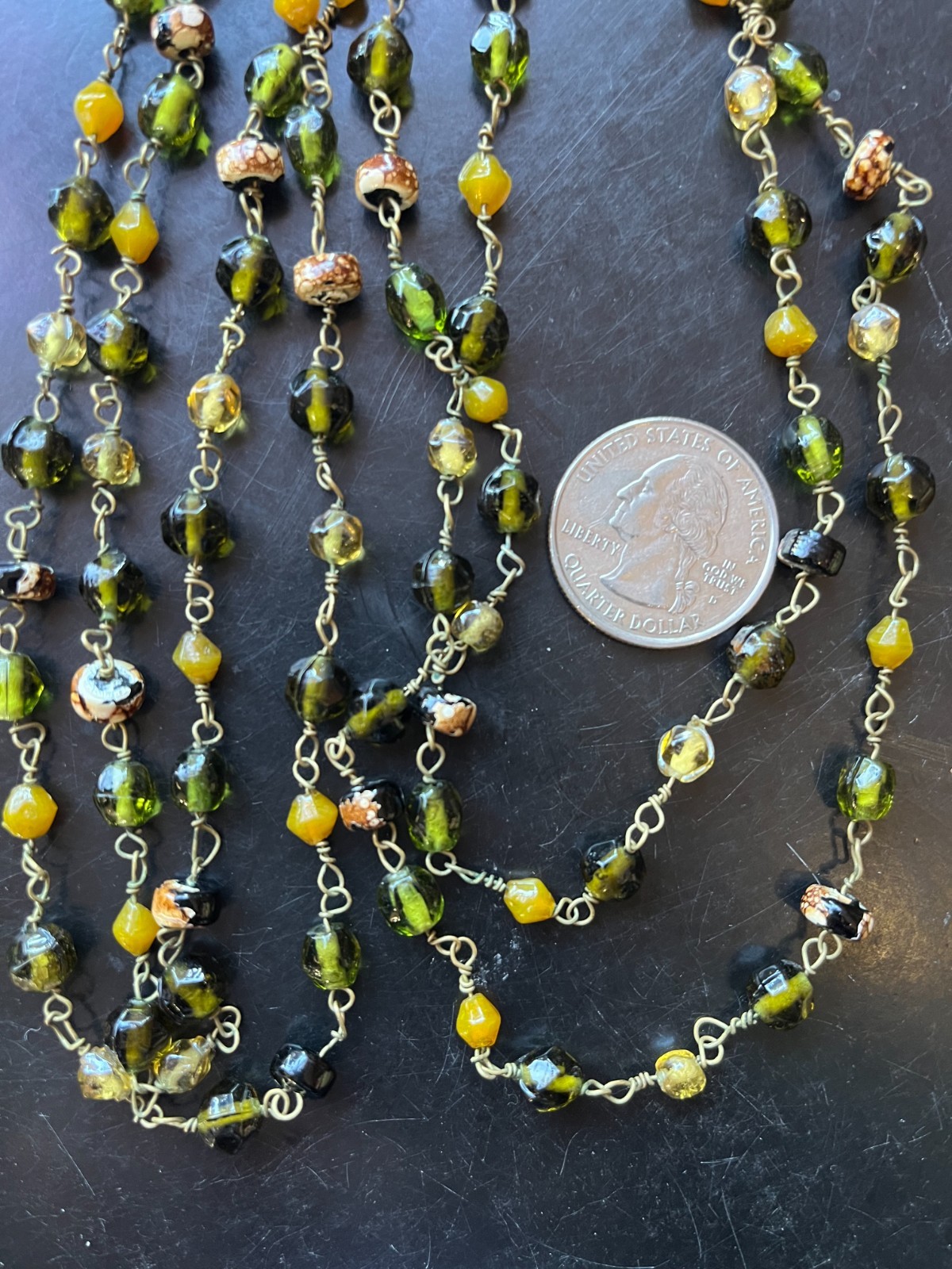 Pretty Antique Earthtones Multi-shape Molded Glass Beads Hand Wired 62″ Necklace