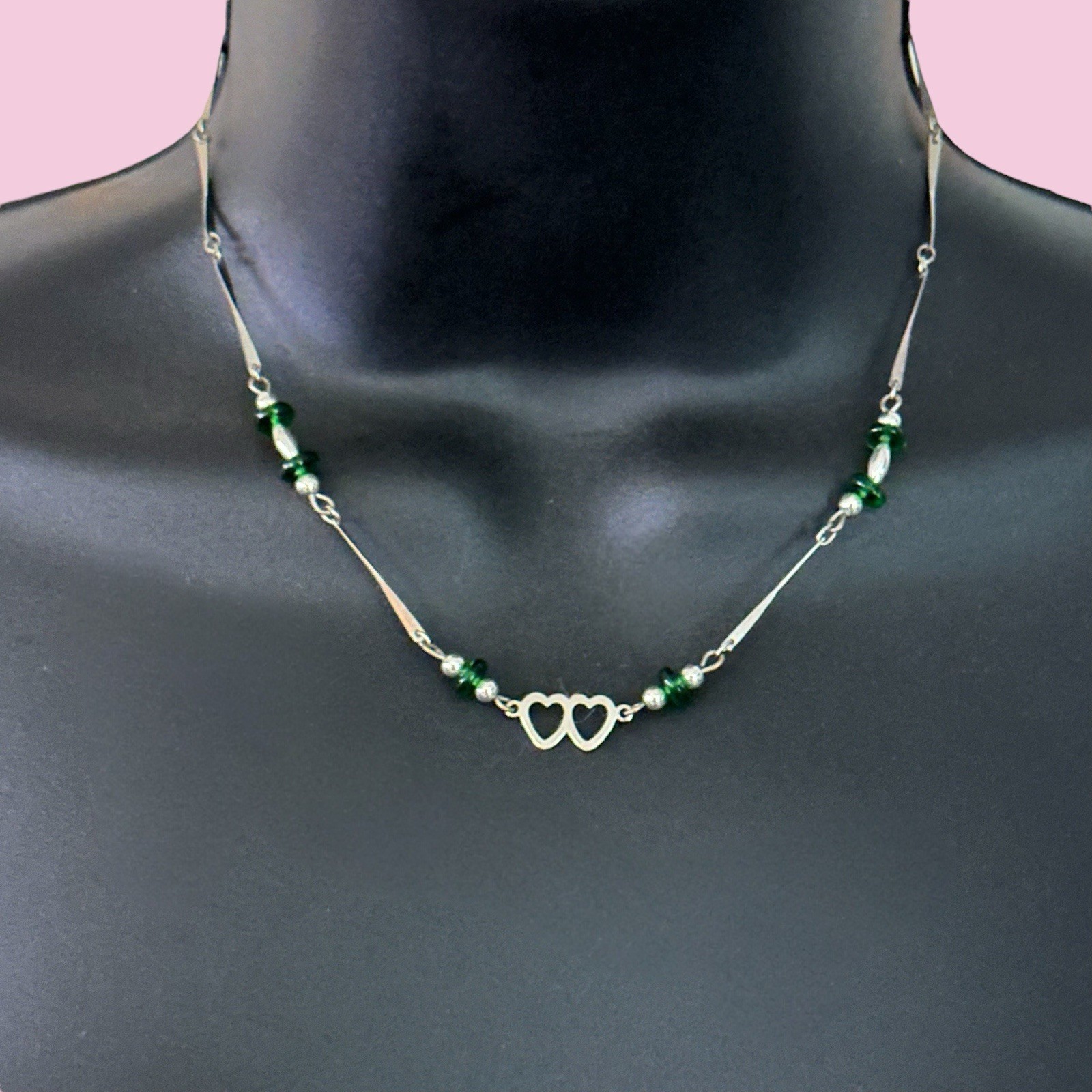 Vintage silver tone bar link station green bead double heart necklace