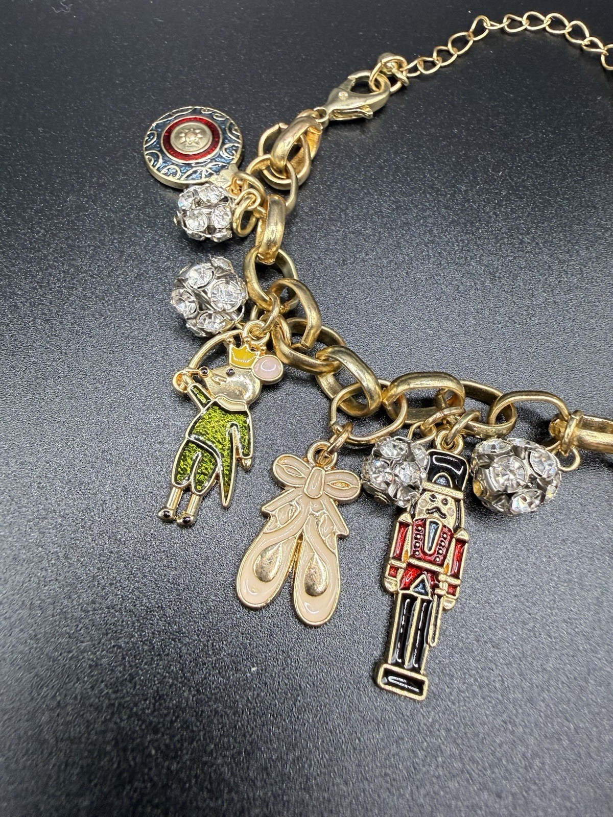 Vintage Christmas Nutcracker Charm Bracelet Enamel Rhinestone Gold Tone 7-9”
