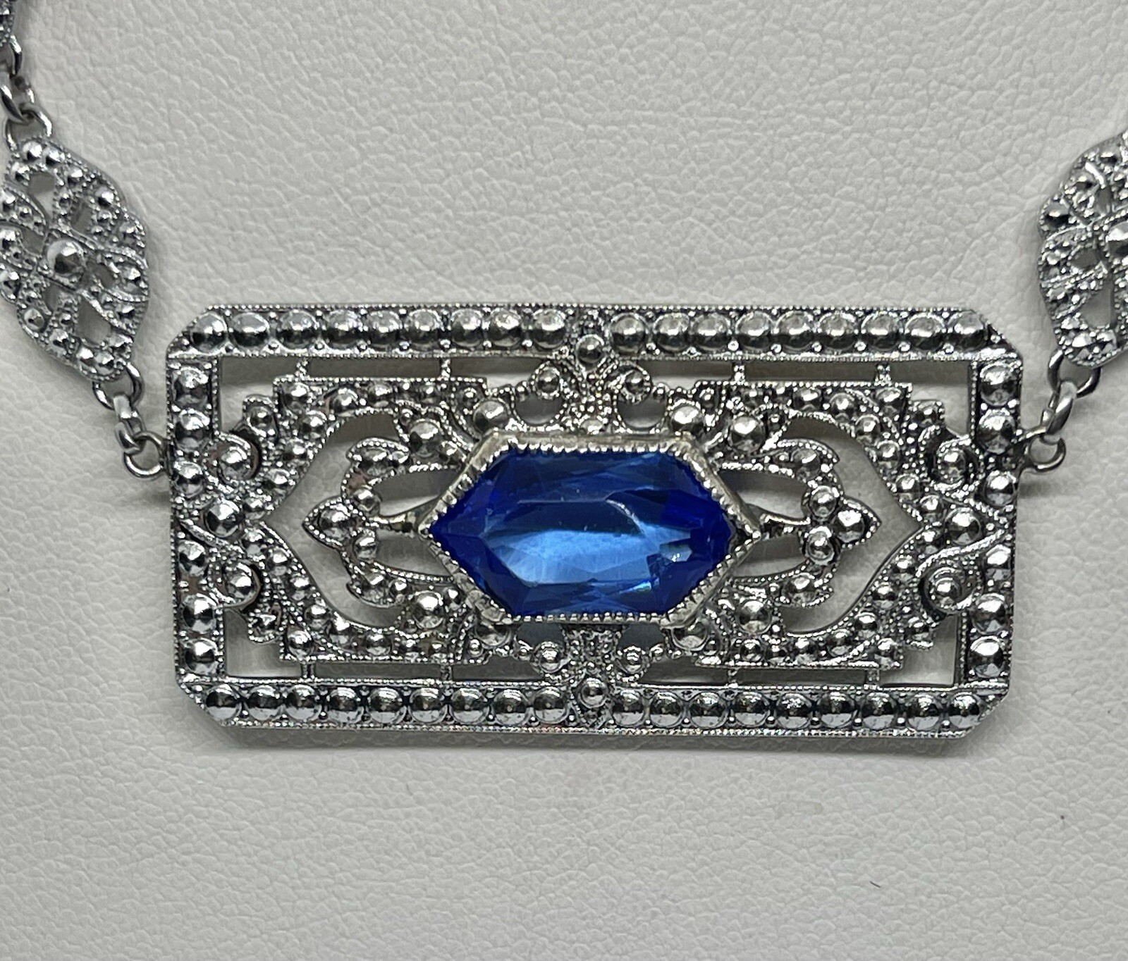 Antique Art Deco Blue Lozenge Shape Plaque Rhodium Plated Sterling Necklace
