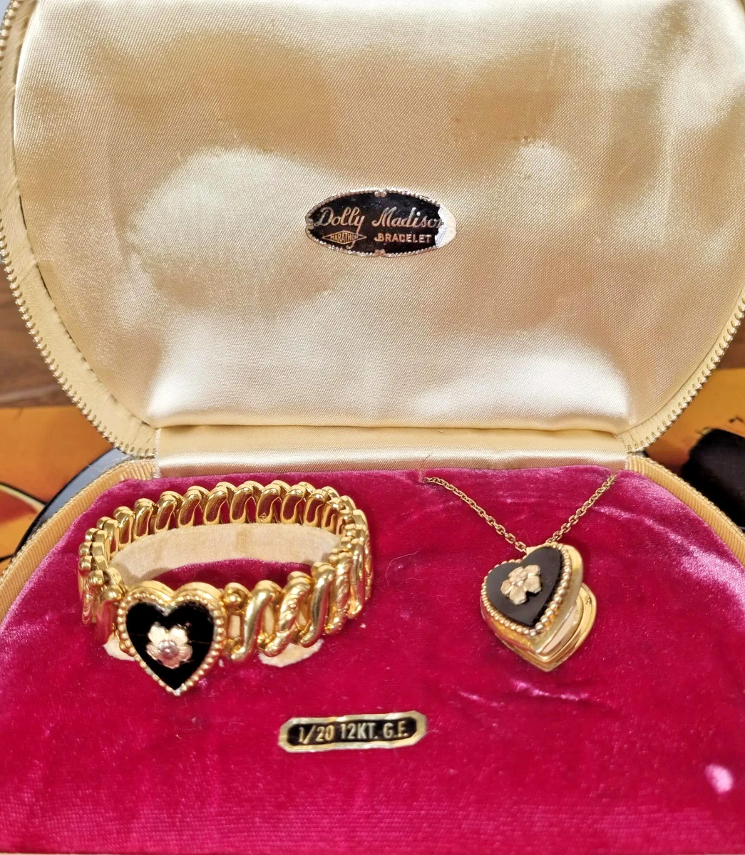 Vintage 12k Gold Fill Onyx Heart Expansion Bracelet Locket Set USA made Video