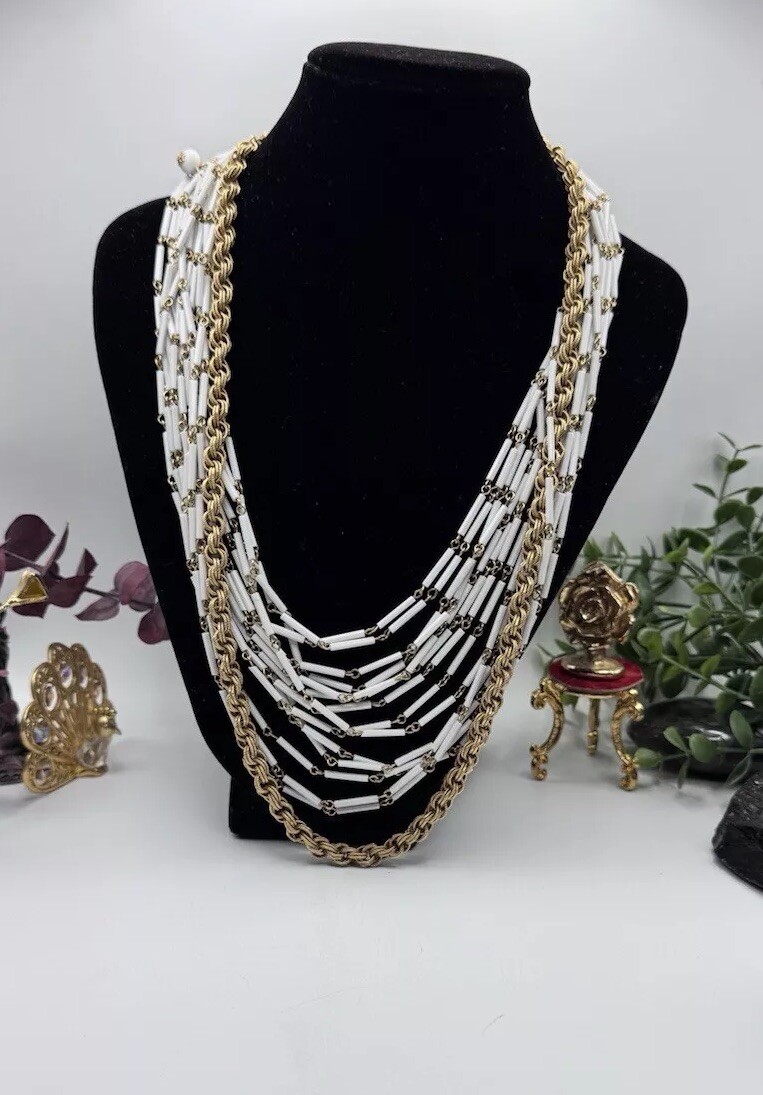 Gorgeous Vintage Necklace White Multi Strand Tube And Rope Chain Gold Tone