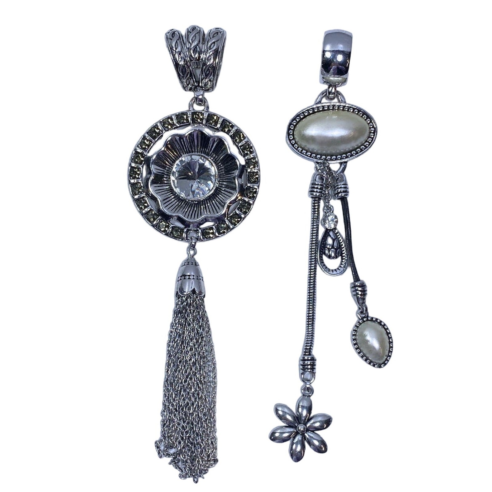 2pc Pearl Rhinestone Scarf Slider Necklace Pendants Large 6″ Manual Set Jewelry