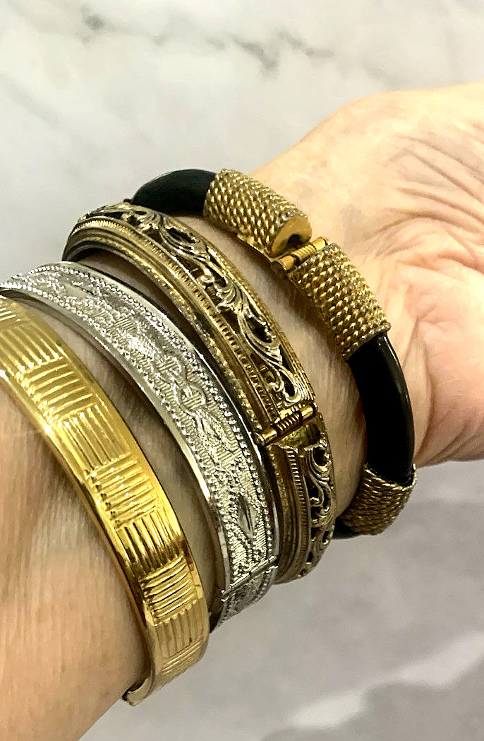 Lot of 9 1980’s Costume Bangle Cuff & Hinged Bracelets India Leonard Pewter +