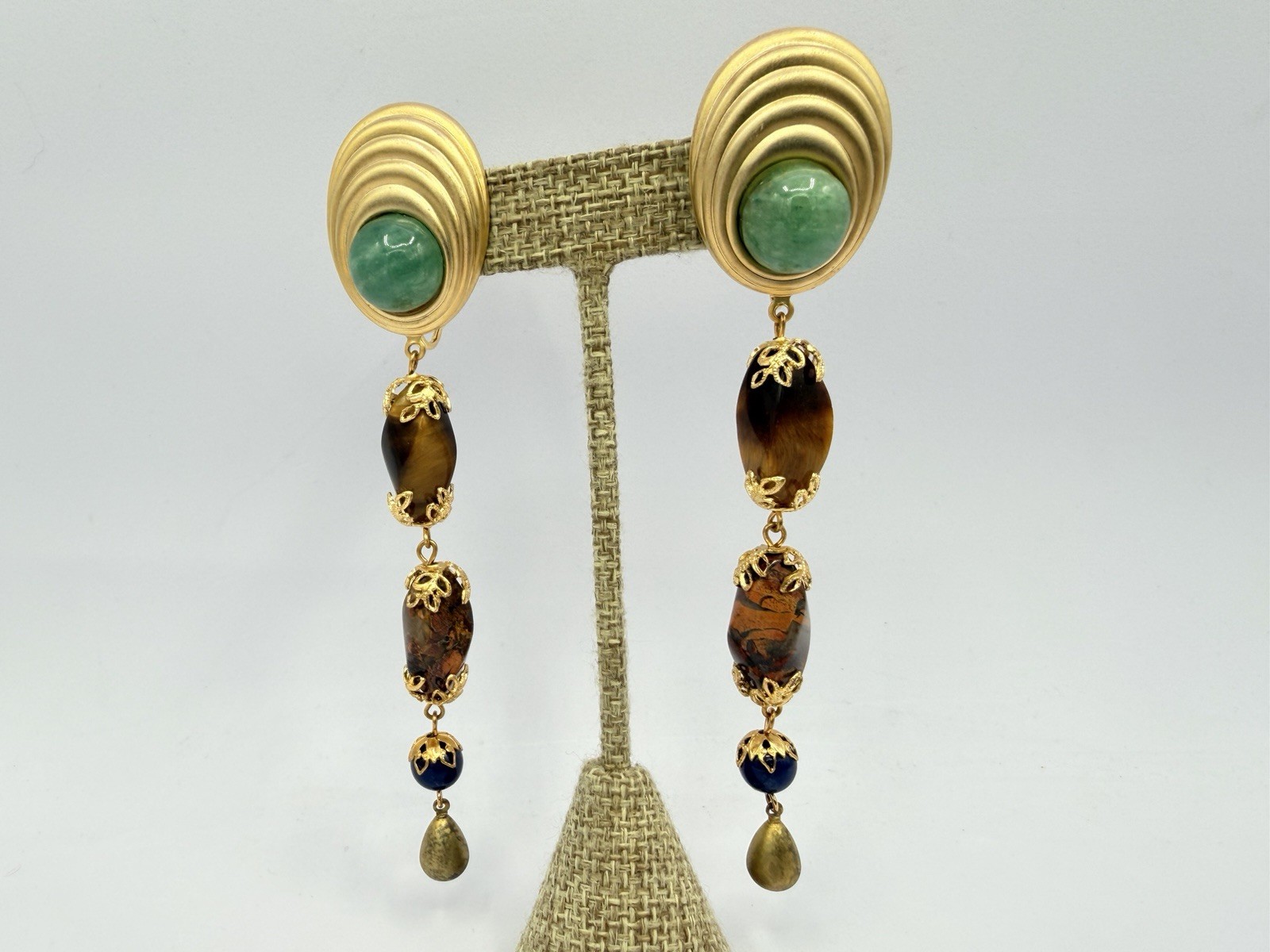 Vintage Gold Green Red Brown Long Gemstone Bead Dangle Earrings RO-DO NOS PY