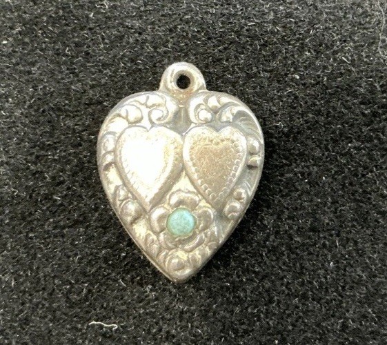 VINTAGE STERLING PUFFY HEART CHARM – Two Hearts and a Flower with Enamel