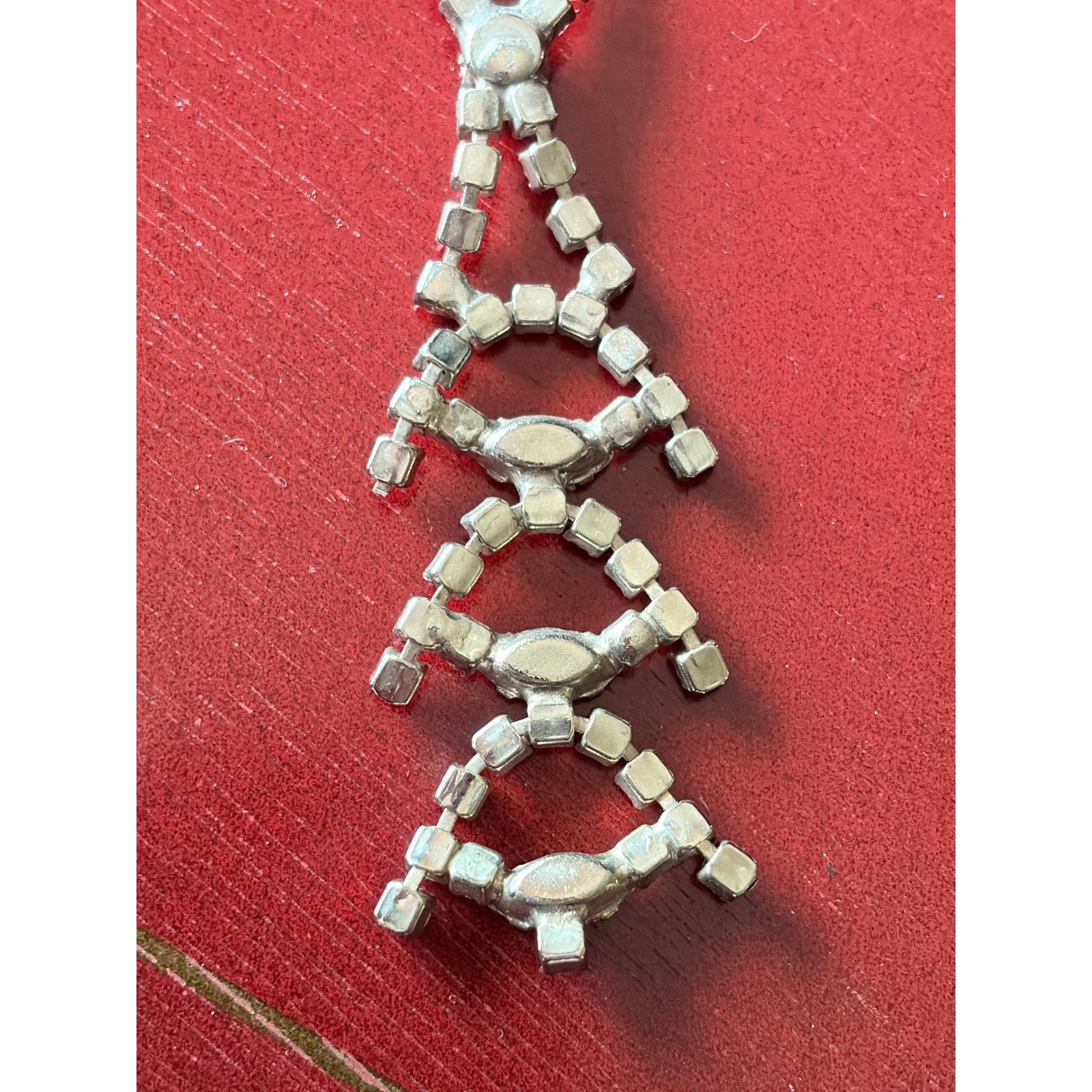 Vintage Rhinestone Geometric Pendant Necklace Stacked Lozenge Drop 14″ Prom 50s