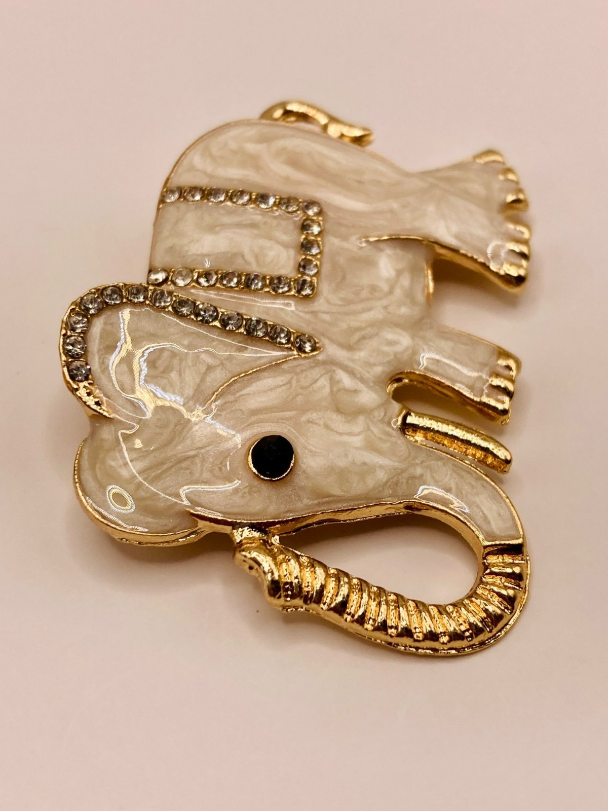 Gold-Tone Elephant Brooch Pin Rhinestones & White Enamel Finish -13B