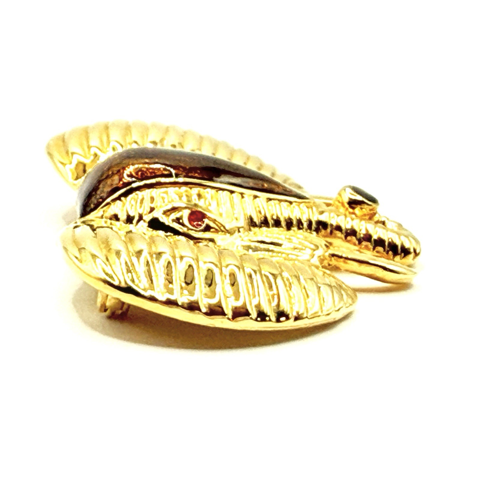Vtg Goldtone Brooch Pin Elephant Head Textured Tusks Enamel Red Eyes Shiny Z