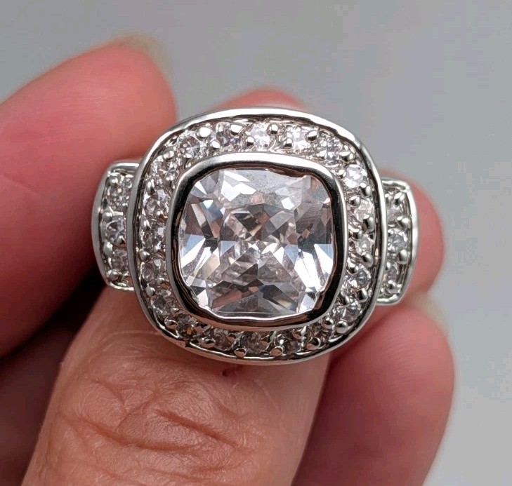 Vintage Silver Plated Cubic Zirconia Cushion Cut Halo Engagement Ring Sz 6.75