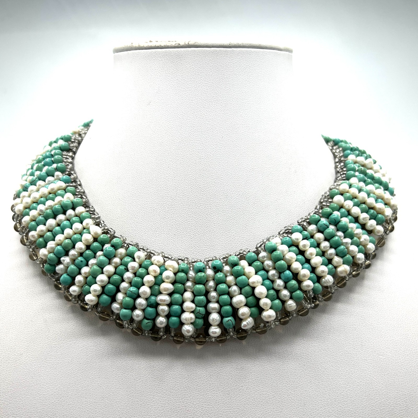 Vintage Turquoise & Freshwater Pearl Collar Necklace Sterling Silver 925 Clasp