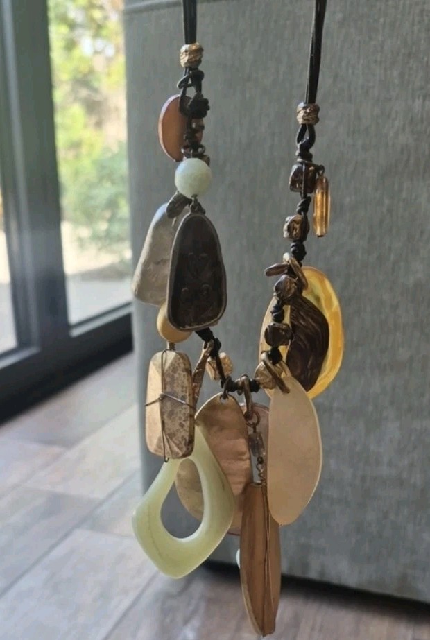Vtg Chico’s Eclectic Charm Bead Adjustable Length Leather Cord Necklace
