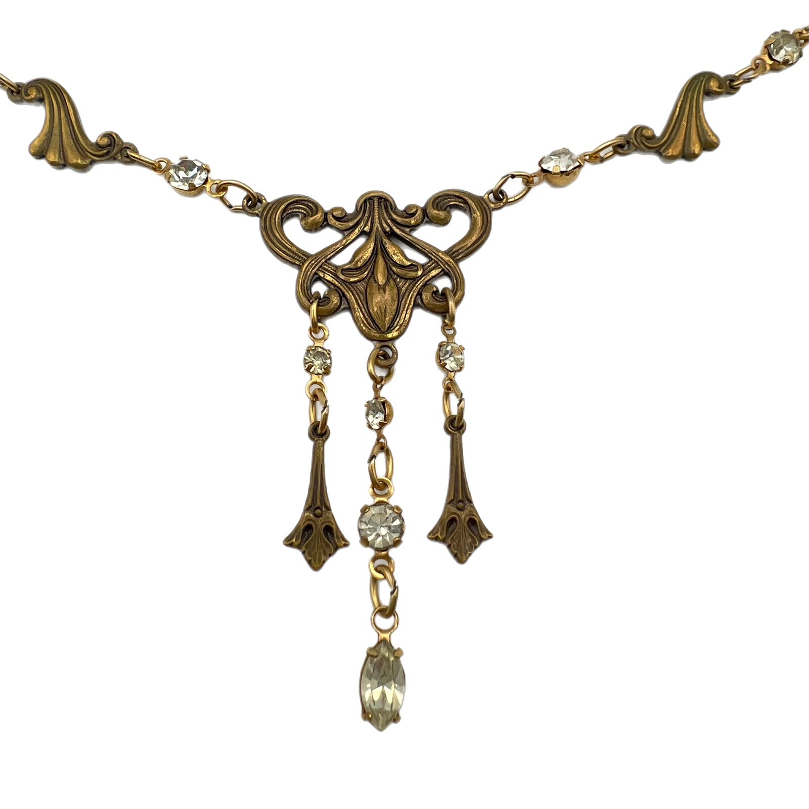 Vintage Sadie Green Dangle Drop Rhinestone Chandelier Chain Necklace Gold Tone