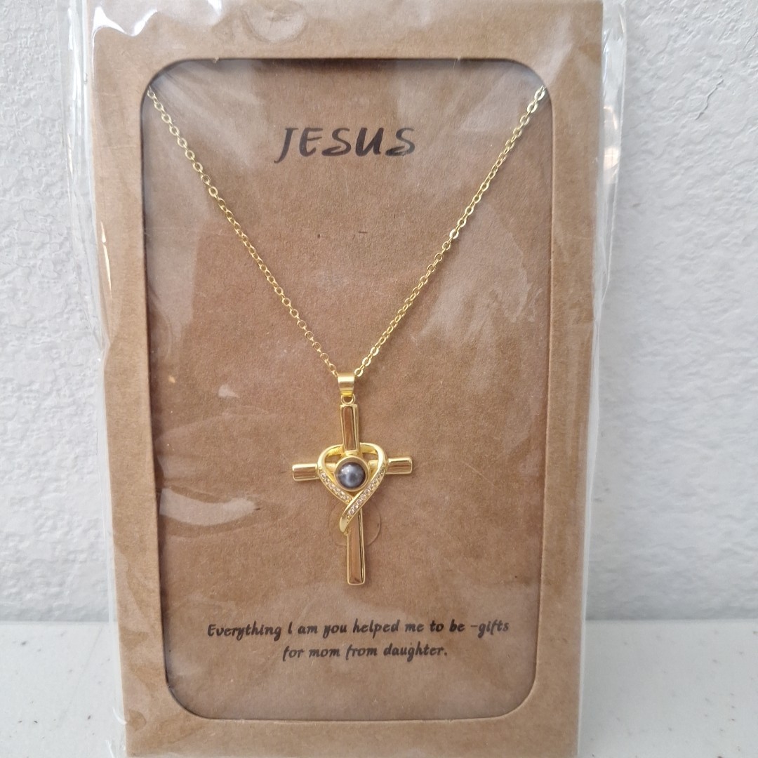 Jesus Gold Tone Cross Pendant Necklace + Bracelet Jewelry Mother Daughter Gift