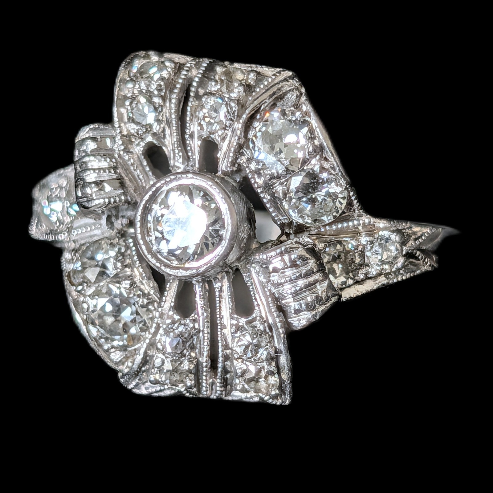 Edwardian Era Old European Cut Diamonds Platinum Cocktail Ring Floral Antique