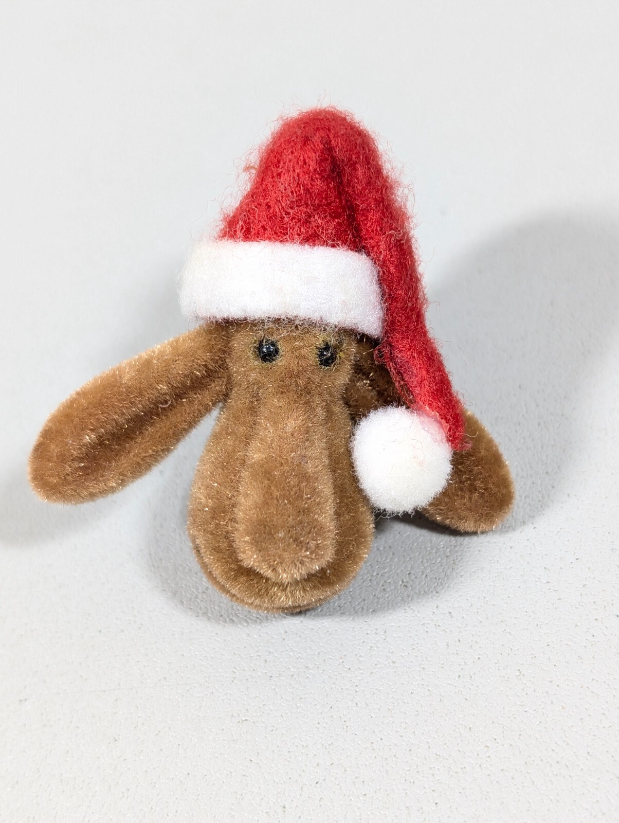 Vintage Fuzzy Christmas Reindeer Pin Brown Red Santa Hat 3D