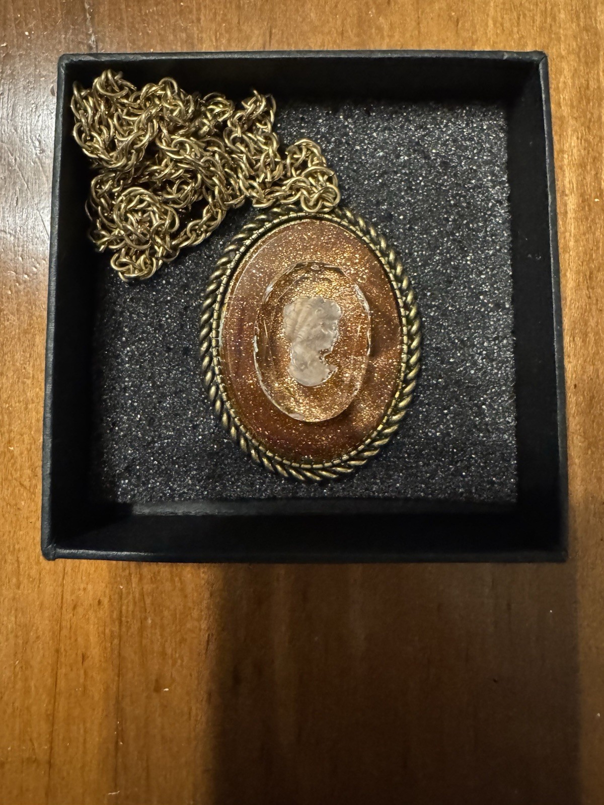 Vintage Large (2”x1 1/2”) Oval Intaglio CAMEO PENDANT On Goldstone In Gold Tone.