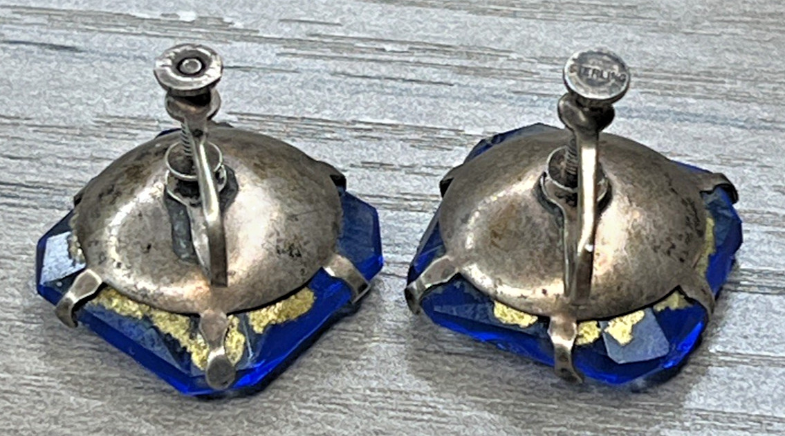 Sterling 925 Diamond Shaped Blue Rhinestone Cushion Cut Screwback Earrings VTG