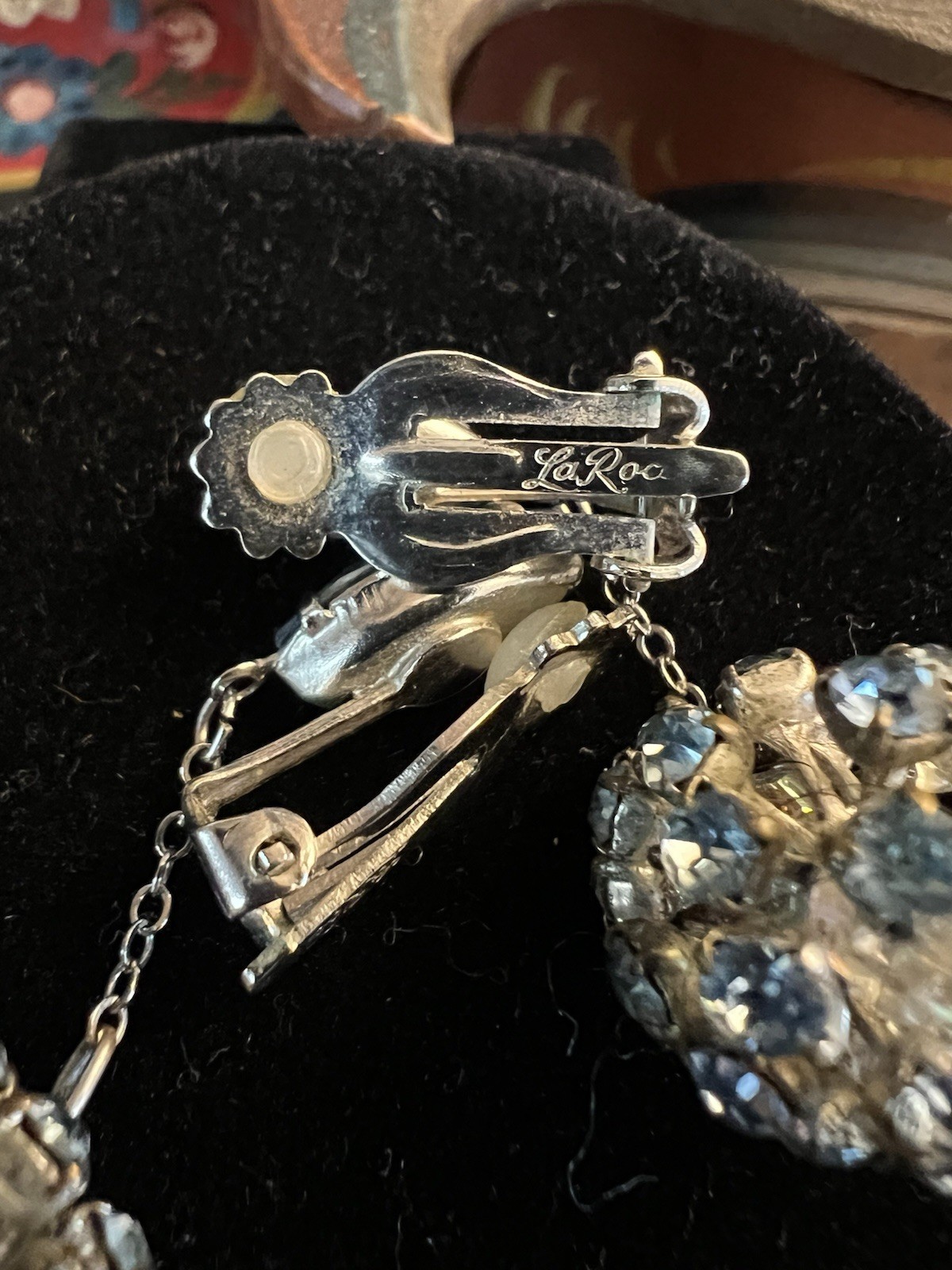 Vintage La Roco Blue Rhinestone Dangle Clip On Earrings, Silver Toned, Signed!
