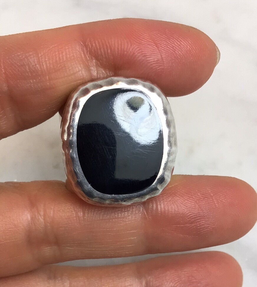 VTG ATI Large Sterling Silver Onyx Ring Size 8.25-8.5 Mexico 14.03 Grams