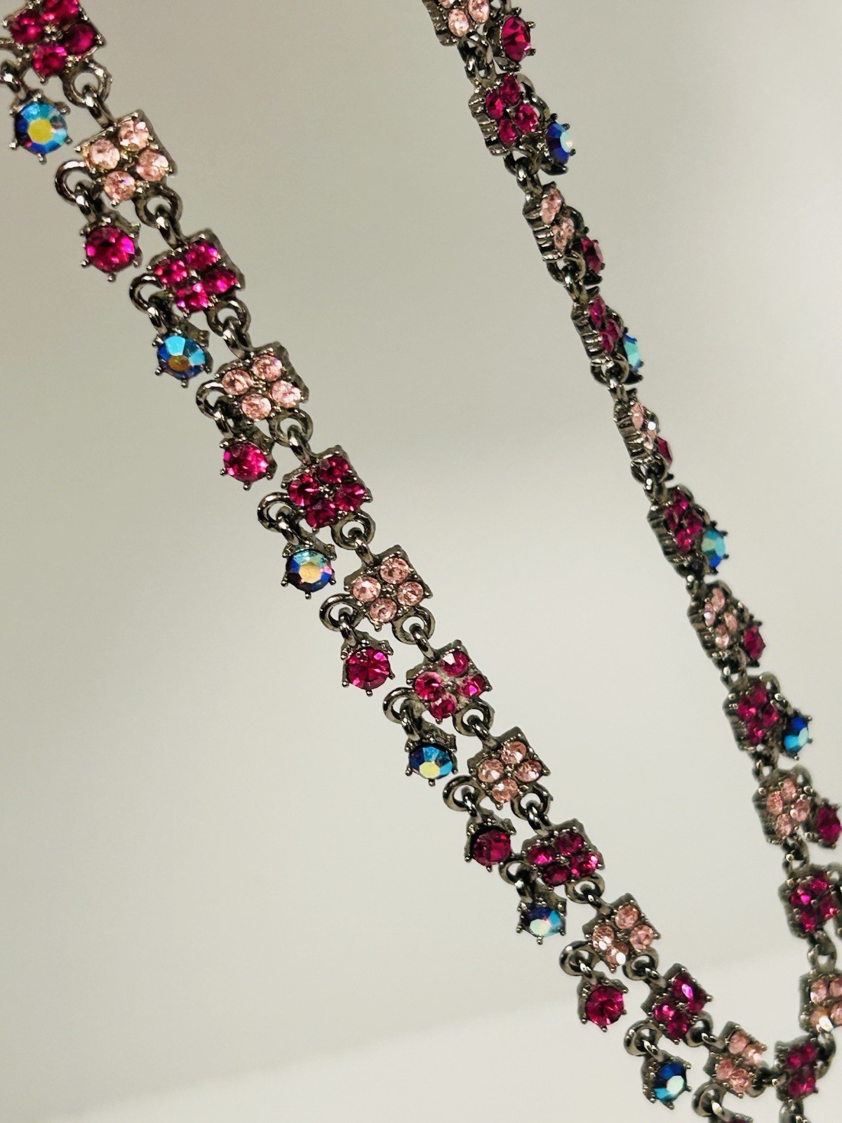 Gunmetal Rhinestone Statement Necklace Pink Fuchsia Fringe Vintage Style