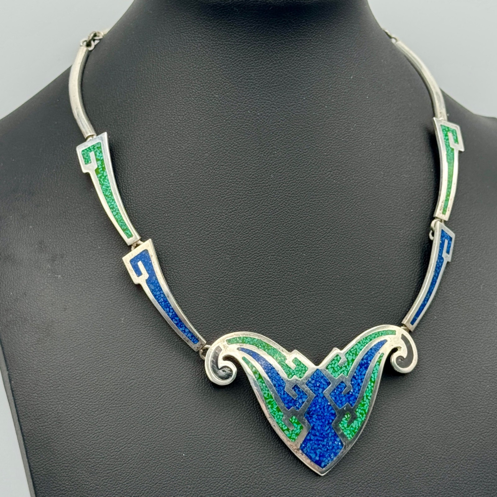 Vintage Taxco Butterfly Necklace Blue Green 925 Art Deco Statement 44g TC-112